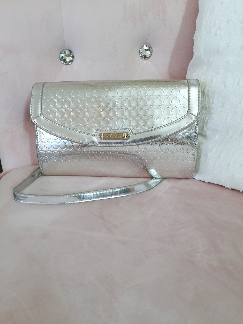 Nine West Clutch Wristlet Womens OS Silver Metallic Embossed Evening Bag